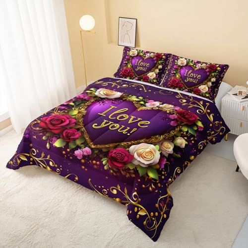 Image of QOOMO 3Pcs Flower Print Comforter Set Queen Size,Cute Plants Bedding Set for Teens Boys Girls,Purple Comforter with 2 Pillowcases,Soft and Lightweight