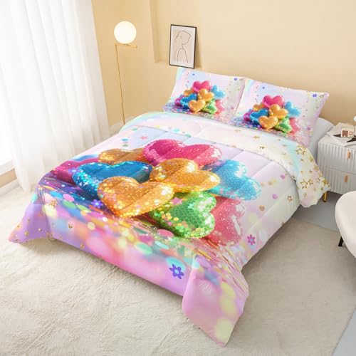 Image of QOOMO Kawaii Heart Kids Comforter Set,Cute Rainbow Print Bedding Set Twin Size for Boys Girls Room Decoration,Pink Bed Set Microfiber Lightweight All Season,1 Comforter Set 2 Pillowcases