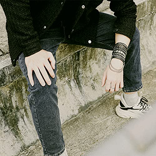 Eigso Punk Leather Cuff Bracelets for Men Women 80s Retro Hematite Rock Spikes Metal Cuff Wristband Set Adjustable for Man Woman4