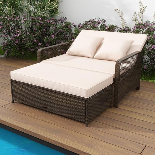 COSTWAY Garden Rattan Daybed, Patio Double Chaise Lounger Sun Bed with 4-Level Adjustable Backrest, Storage Ottoman, Cushions and Pillows, Outdoor Wicker Loveseat Sofa Conversation Furniture, Beige 9 COSTWAY Garden Rattan Daybed, Patio Double Chaise Lounger Sun Bed with 4-Level Adjustable Backrest, Storage Ottoman, Cushions and Pillows, Outdoor Wicker Loveseat Sofa Conversation Furniture, Beige - Image 9