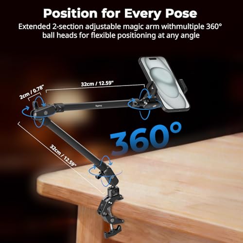 Image of SMALLRIG 26 inch Magic Arm with Super Clamp, Overhead Phone Mount w /Cable Clip | Flexible Desk Camera Mount with 1 /4 inch Screw and Cable Clip, Max Load 2.2lb, for iPhone /Action Camera /Video Light /Webcam /Mic