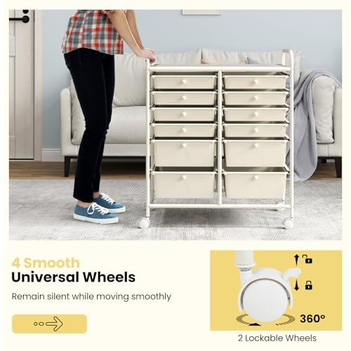 Image of LDAILY 12 Drawer Rolling Storage Cart, Craft Cart Organizer on Wheels w /Metal Frame, Large Capacity & Smooth Drawer, Rolling Cart w /Drawers for Classroom, Office