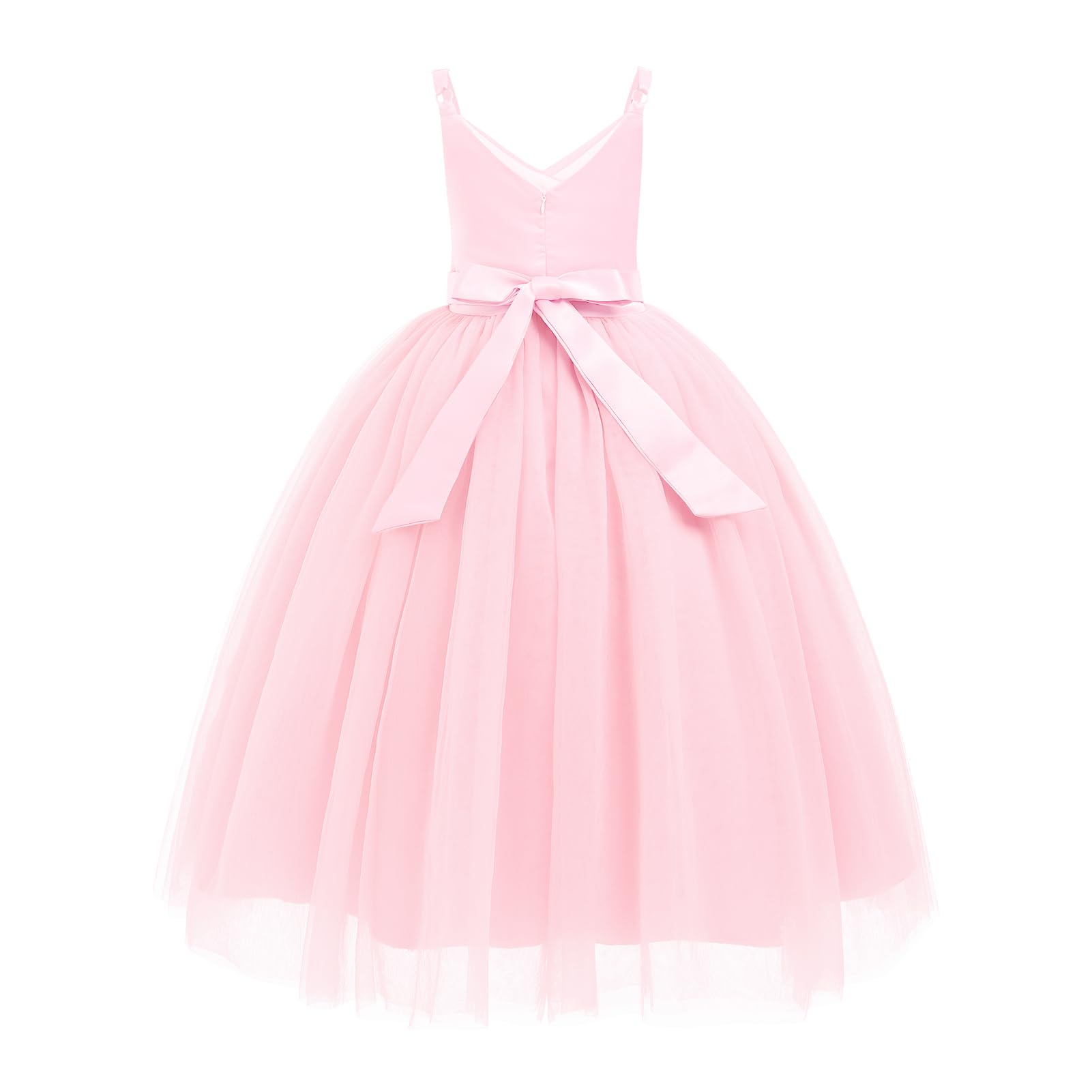 IDOPIP Ragazza Fiori Principessa Abito Lungo Pieghettato Matrimonio Damigella d'onore Abito Da Sfera Ricamo Fiore Pizzo Elegante Scollo a V