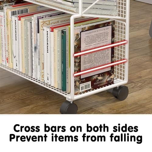 Image of 4 Tier Metal Rolling Utility Cart - Heavy Duty Bookshelf for Office, Dorm, Classroom, Library & Living Room - Versatile Corner Display & Magazine Rack