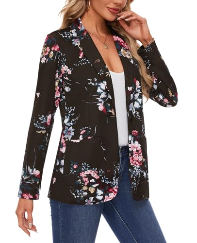 MINTLIMIT Women Jacket Blazers Casual Button Front Lapel Collar Stretchy Long Sleeve Blazer Suit Jacket Formal Work Office,M,Floral Black4