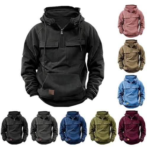 Men's Tactical Quarter Zip Hoodie Comfort Fit Long Sleeve Sweatshirt Casual Cargo Pullover with Multi Pocket4