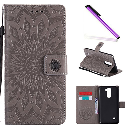 COTDINFOR LG Stylus 2 Funda Flores Cierre Magnético Billetera con Tapa para Tarjetas de Cárcasa Elegante Retro Suave PU Cuero Caso Protectora Case para LG Stylus 2 LS775 Sunflower Gray KT