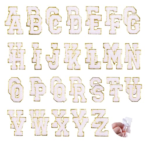 Y.TAO 52PCS White Chenille Letter Patches with Gold Trim -