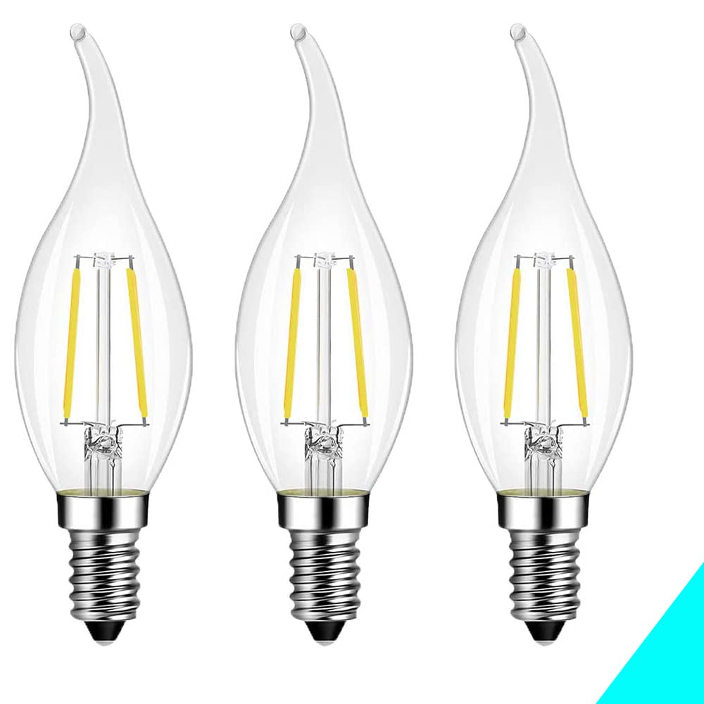 LED Filament Candle Flame Bulbs Small Edison Screw E14, Incandescent Equivalent 2W 180-200LM, 6000K cool White, Energy Saving Ceiling Light Bulbs AC 220V 360° beam angle Not dimmable, Pack of 3