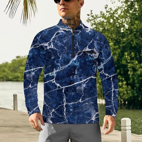 Blue Marble Texture Men's Rash Guard Long Sleeves Quick Dry Fishing Workout Shirts with Zipper2