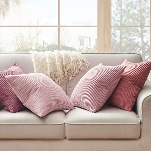 Image of Topfinel Pink Throw Pillow Covers 16x16 Inch Set of 4,Soft Farmhouse Corduroy Decorative Cushion Cover,Square Cute Pillow Case for Gril's Bedroom Couch Sofa Living Room,Spring Series Home Decor