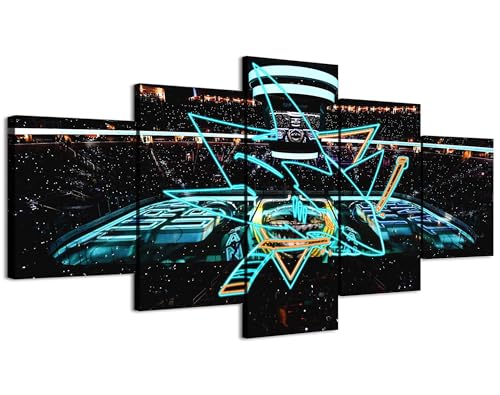 SAARAV Ice Hockey Wall Art 5-Pieces Canvas Print (Full Size: 60x100cm Framed Ready to Hang) San Jose Hockey Rink With Neon-Effect Sharks Emblems Sports Bar Man Cave Decor