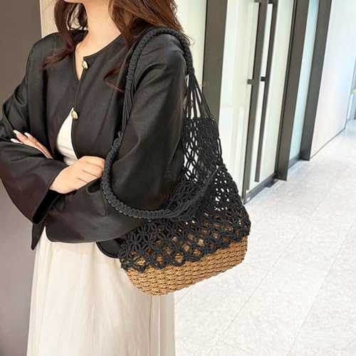 Bolsa tote tejida a mano de algodón para mujer negra miniatura 3