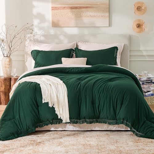 Image of Andency Comforter Set Oversized King Dark Green 120x120, 3 Pieces Boho Fall Tassel Lightweight Bedding Comforter Sets, All Season Soft Bed Set (1 Comforter & 2 Pillowcases)