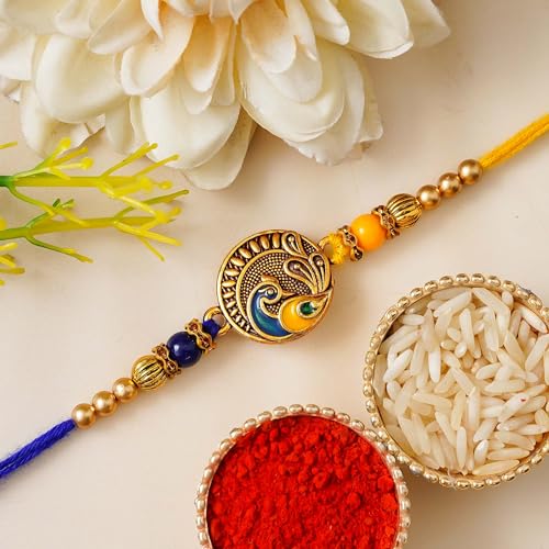 Image of eCraftIndia Peacock Designer Rakhi for Brother with Roli Chawal Pack | Mor Pankh Rakhi for Bhaiya Bhai