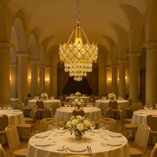 Image of TRIPPING Golden Crystal Ceiling Pendant Lamp with E27 Bulb Holder - Elegant Chandelier-Style Light for Living Room, Dining Hall, Hotel, Balcony, Cafe, and Reception Decor