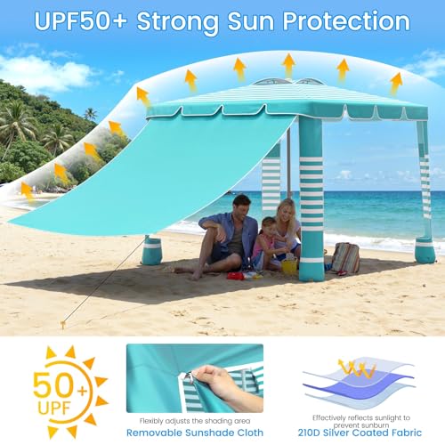 MoKo Beach Cabana,120 Sq. Ft. Large Beach Canopy Tent Sun Shade, UPF 50+ Protection Easy Setup Beach Tent, Adjustable Height Wind Resistant Cabana Sun Shelter for Whole Family, Light Green Stripes - image 5