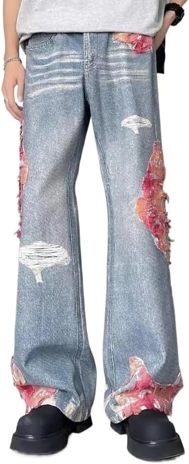 Unisex Vintage Ripped Straight Leg Jeans High Waisted Distressed Jeans Harajuku Hip Hop Patchwork Baggy Pants Grunge Clothes