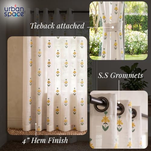 Image of Urban Space Cotton Sheer Curtain Pack of 1, Embroidered Semi Transparent Door Curtains 7 feet for Living Room, Bedroom & Balcony, 1 Pc Curtain with Eyelets and Tieback (Avira Yellow - 7 feet)