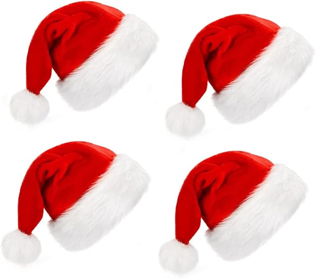 Antsparty 4pcs Santa Hat Christmas Hat for Adults Kids Santa Claus Hat Unisex Christmas Xmas Hat Classic Red and White Plush Christmas Santa Hat for Christmas New Year Festive Holiday Party
