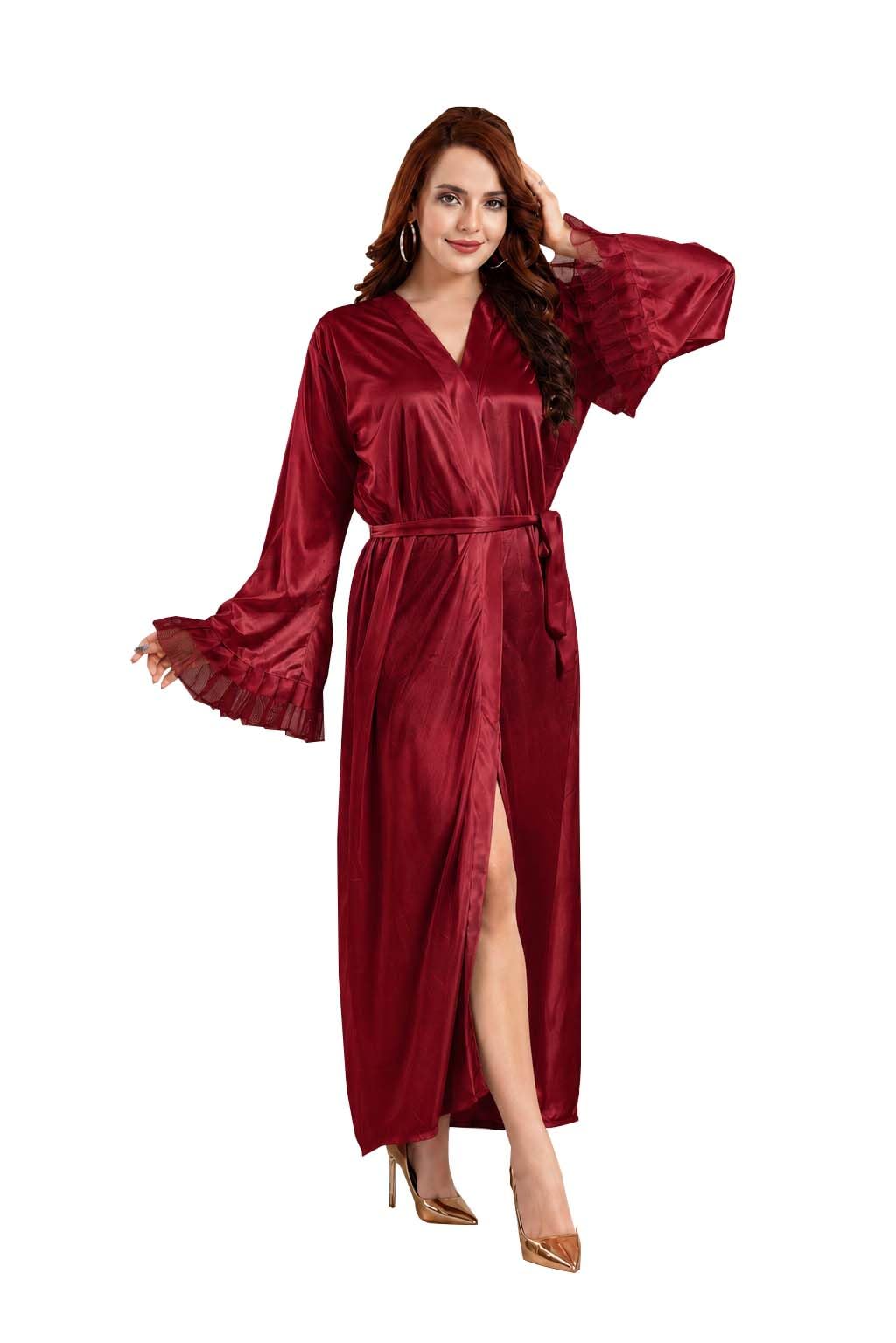 Women Satin Long Robe Nighty | Full Sleeve Sleepwear with Waist Tie-Up | Soft Silky Lounge Robe for Women-picture-42