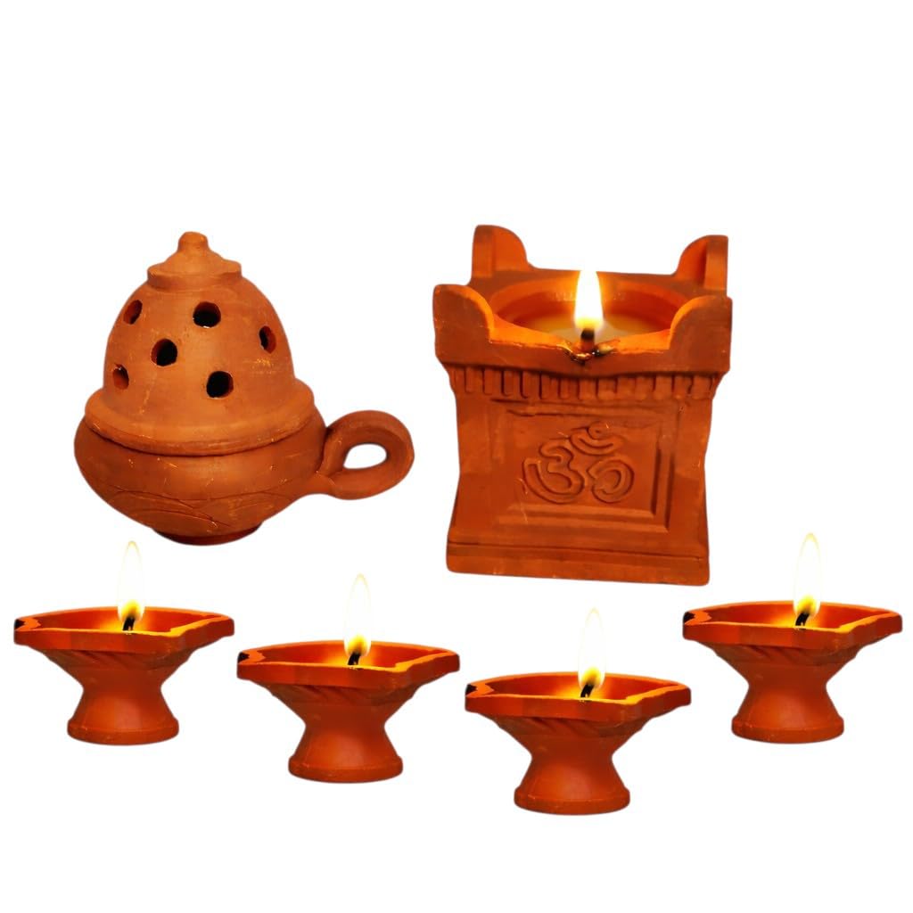 Traditional Clay Pooja Set – Sambrani Dhoop Burner, Om Mada Vilakku & 4Agal Vilakku Diyas | Terracotta Handmade Oil Lamps for Home Temple, Diwali, Spiritual Use-image-3