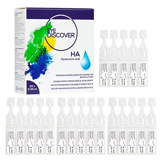 EYE DISCOVER, Gotas Ojos Secos Monodosis con Doble Humectación, Lágrimas Artificiales con Ácido Hialurónico e Hidroxietilcelulosa, Hidratantes, sin Conservantes, 20 Viales Monodosis de 0,35 ml