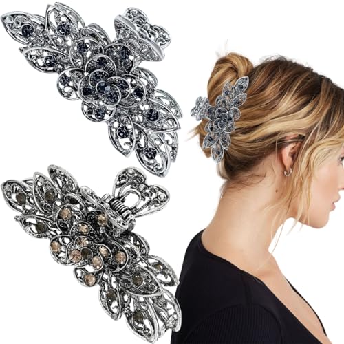 2 PCS Vintage Hair Claw Clips Flower Large Claw Hair Clips Shiny Rhinestone Hollow Flower Claw Clips Retro Metal Hair Clips Antique Silver Plated Hair Clamps Crystal Hair Accessories for Women Girls