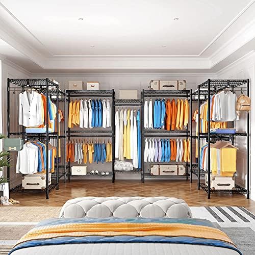 Versatile black metal clothes rail configured into an L-shape for corner space optimisation.