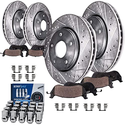 Image of Detroit Axle - Brake Kit for 2006-2010 Dodge Ram 1500 2007-2009 Durango 2009 Chrysler Aspen, Drilled & Slotted Disc Brake Rotors Ceramic Brake Pads w /Hardware Wheel Lug Nuts Replacement