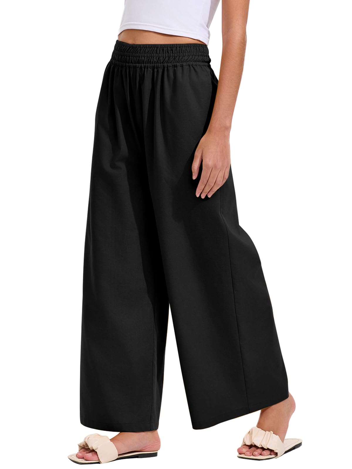 Les umes Pantaloni Donna Casual Cotone e Lino Elastica Vita Alta Palazzo Estivi Pantalone Gamba Larga con Tasche
