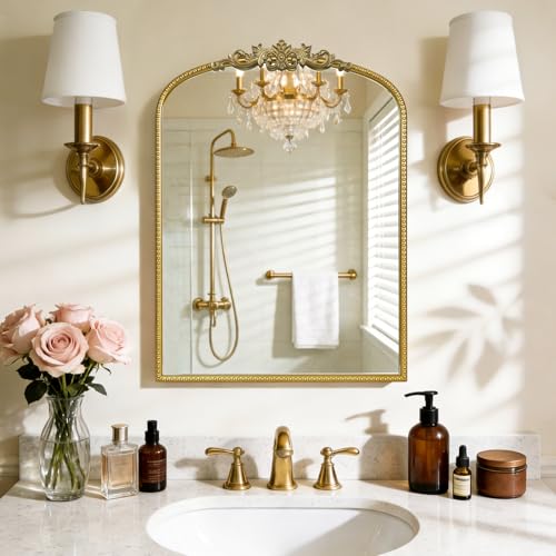 Image of WallBeyond Gold Vintage Mirror for Vanity 22x30 Inch, Gold Antique Mirror with Ornate Frame, Arched Vintage Wall for Bathroom, Living Room, Fireplace, Entryway