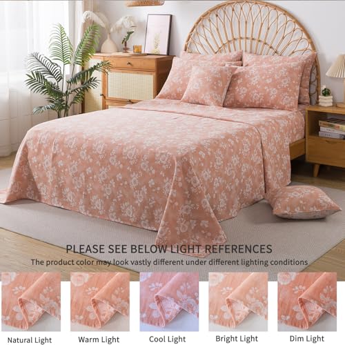 Image of FADFAY Queen Sheets Set 100% Cotton Washed Double Gauze Muslin Bedding 4Pcs Vintage Coral Rose Floral Sheets Shabby Farmhouse Bedding Luxury Super Soft Breathable Deep Pocket Fitted Sheet, Queen Size