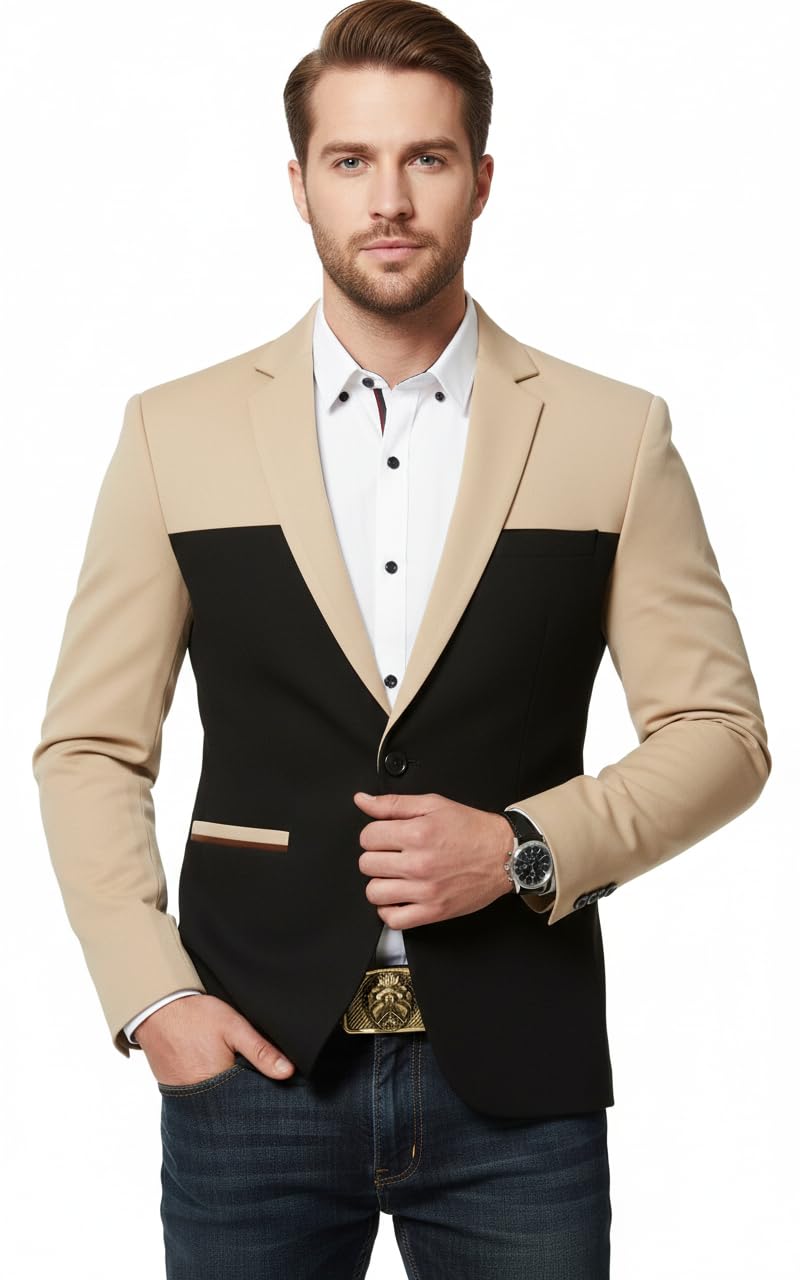 darbar in Men's Color Block Blazer, Beige and Black, Single Button, Formal Casual Jacket-picture-34