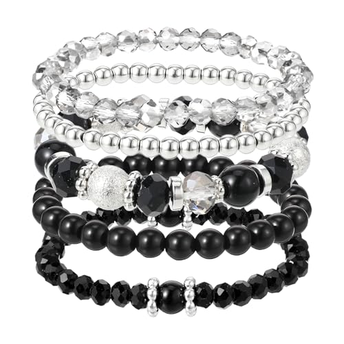 5PCS Beaded Stretch Bracelet Stackable Stylish Beaded Bracelets for Women Crystal Bead Boho Stretch Layering Stone Bracelets Trendy Costume Jewelry Gift Multilayered Disco Ball Faceted Bracelet