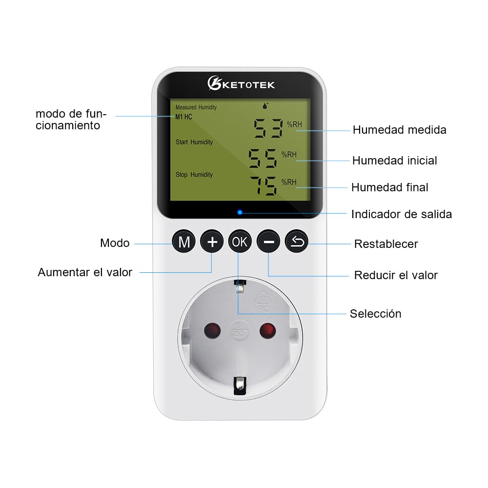 KETOTEK Enchufe con Higrostato Digital con Sonda 220V Controlador de Humedad mit Countdown-Funktion para Terrario Reptil Invernadero Incubadora Humidificador Deshumidificador