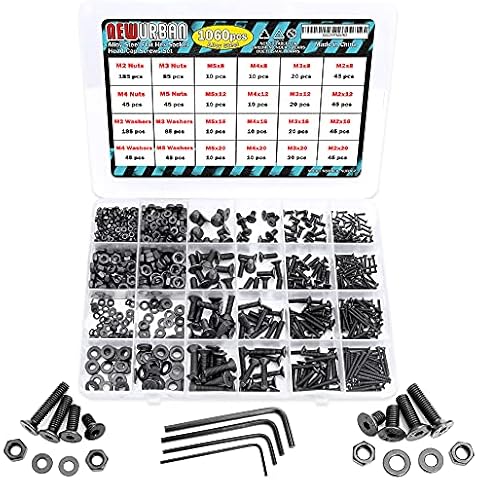 NEWURBAN 1060 Pcs M2 M3 M4 M5-304 Alloy Steel Hex Socket Head Cap Metric Bolts Screws Nuts Washers Assortment Kit - Allen Hex Drives - Flat Head Cap Screws - Storage Box Cover