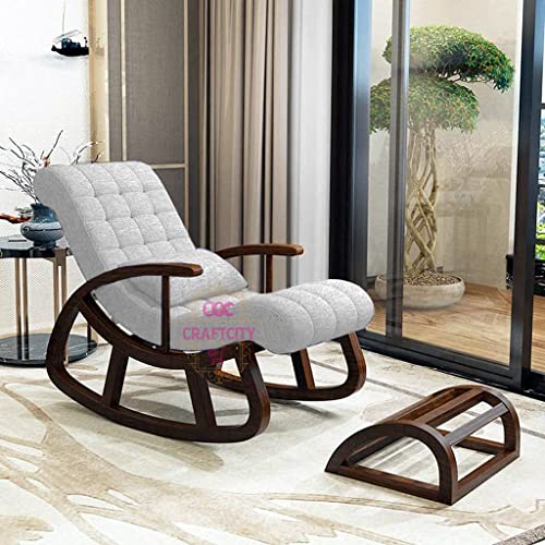 Image of CRAFTCITY Sheesham Wood Elegant Chair with Pillow and Matching Foot Stool /Living Room Chair /Rose Wood Rocking Chair,Pre-Assembled (Light Grey, Rocking Chair with Ottoman)
