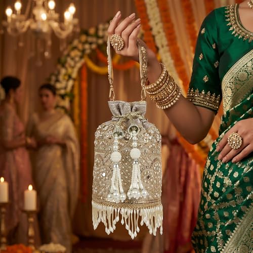 Image of Nevis Silk Fabric Designe Embroidered Potli Bag with Pearl Tassels & Beaded Strap | Bridal Ethnic Drawstring Clutch for Wedding