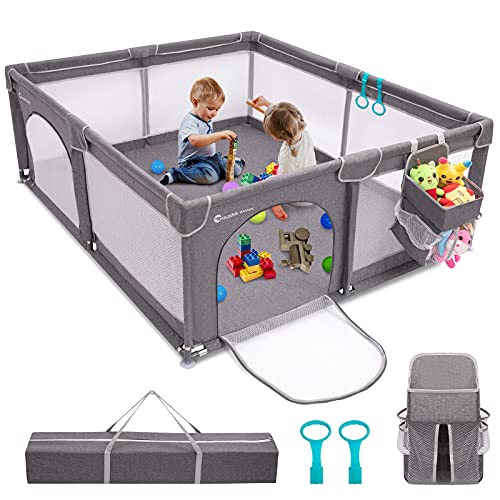 Folding Angel Large Baby Playpen, Playpen for Babies and Toddlers, Kids Safety Playard with Anti-Collision Foam, Indoor & Outdoor Playard for Kids Activity Center Gray