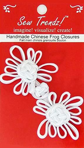Sew TrendzVision Trims Handmade Chinese Frogs Button Closures- White -4"x2"-Angel Flower - 1 Pair/pk - #FG4754W