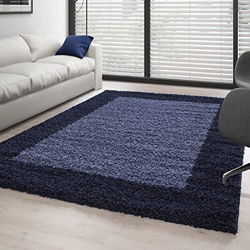 Tapis de salon bleu marine rond 120x120 cm à poils longs de 3cm