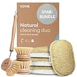 Vove Natural Cleaning Duo | Bambus-Geschirrbürste mit 2 Ersatzköpfen & 4 Luffaschwämmen | Umweltfreundliches Küchen-Bundle | Plastikfreies Reinigungsset | Premium-Reinigungskraft | Naturborsten