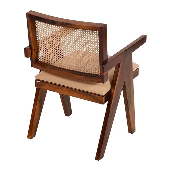 Image of Furniture Sheesham Wooden Arm Chair with Cushion and Cane Back Support Chair Living Room Bedroom Home Wooden Armchair Furniture Garden Balcony Outdoor & Indoor (Honey Finish Set of-2)