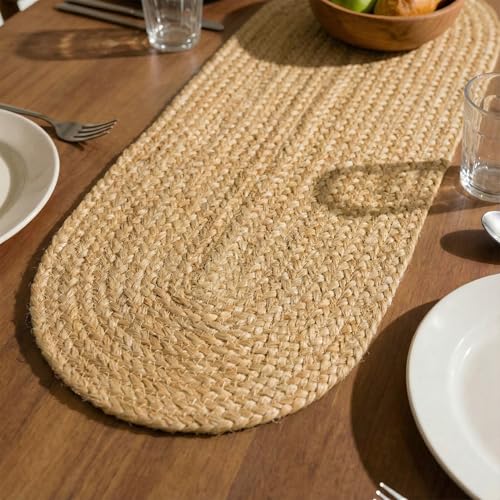 Image of Encasa XO Dining Table Runner | Handmade Woven Natural Jute Runner | Size 30x91 cm | Jute Natural Bleach Color | Heat Resistant Rustic Home Decor for Coffee, Teapoy Cover & Center Table