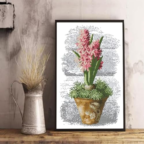 Image of Cross Stitch Kits for Adults Full Range of DIY Stamped Cross Stitch Kits Pink Hyacinth Pattern for Gift and Home Decor 14CT 2 Strands 12.2x18 inch