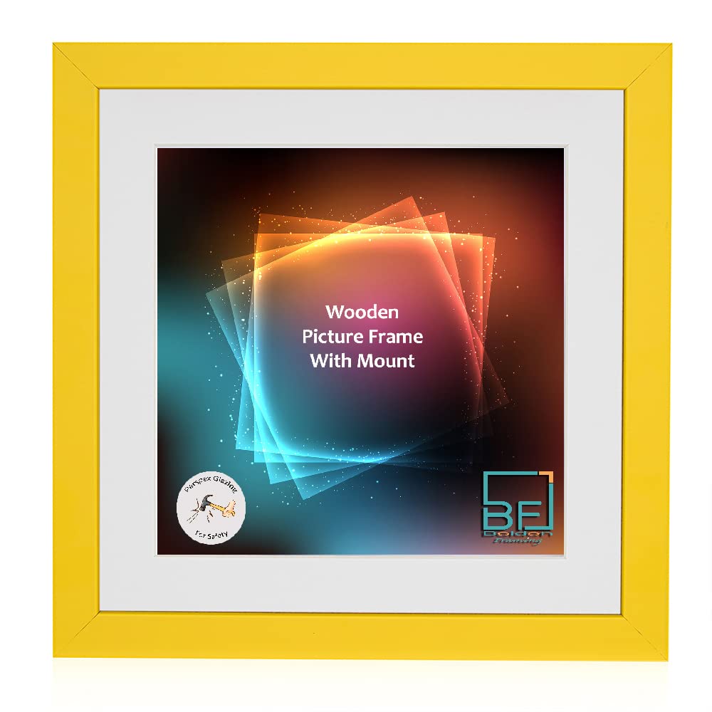 Boldon Framing Yellow - Square Thin Photo Frame In Solid Wood With White Wall Mount, 40X40cm- Pic Size 30X30cm Picture Display