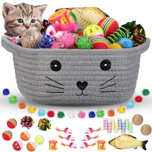 Zopeal 58 Pcs Summer Cat Storage Basket Gift Toys Set Colorful Flashing Balls Pet Bell Crinkle Balls Spring Toys Attract Cat to Swat Hunt Interactive for Pet(Grey 9.8 Inch)