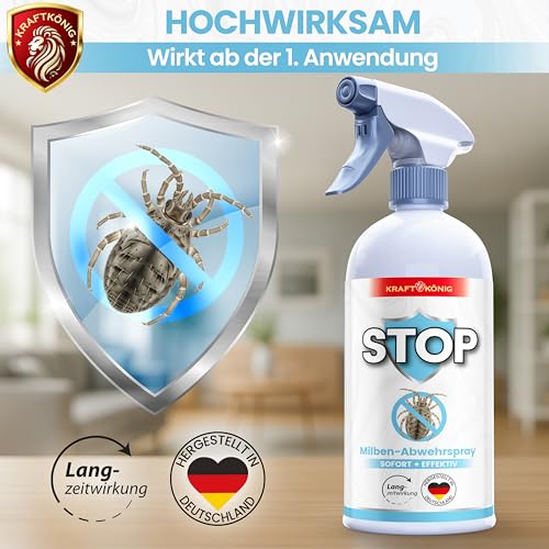 KRAFTKÖNIG Milbenspray 500 ml – Hochwirksames Abwehrspray gegen Milben – Milbenspray für Matratzen, Polster & Textilien mit Langzeitschutz – Geeignet für Kinder, Allergiker & Haustiere