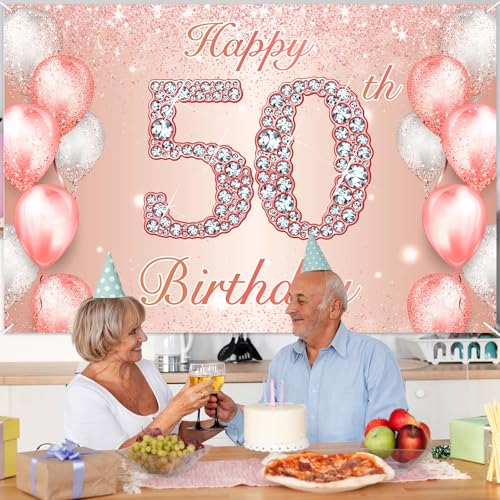 Image of Happy 50th Birthday Rose Gold Banner Cheers to 50 Years Old Backdrop Confetti Balloons Theme Decor for Women 50 Years Old Pink Birthday Party Decorations Bday Supplies Background Favors Gift Glitter